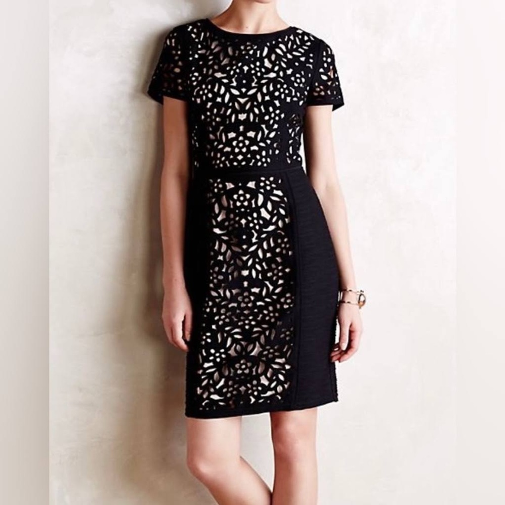 Anthropologie black laser cut out midi knee length dress size 0 could fit 2 or 4
